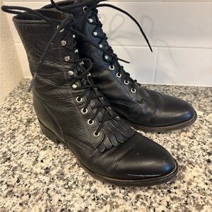 Justin Black Leather Lace Up Ankle Boots Fringe Detail Size 8 1/2 D Made in USA